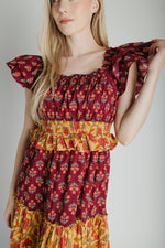 The Widmer Mixed Print Maxi Dress in Burgundy + Gold