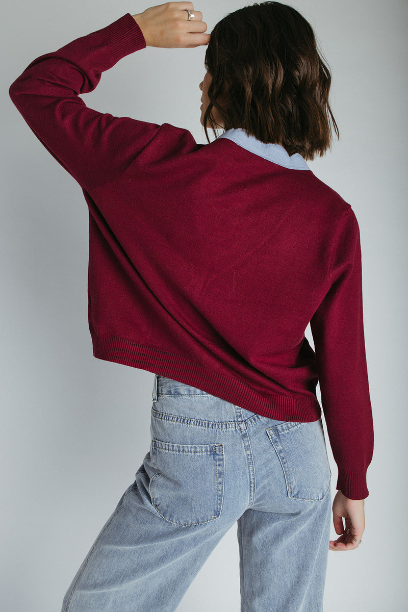 The Lucero Scallop Detail Cardigan in Burgundy