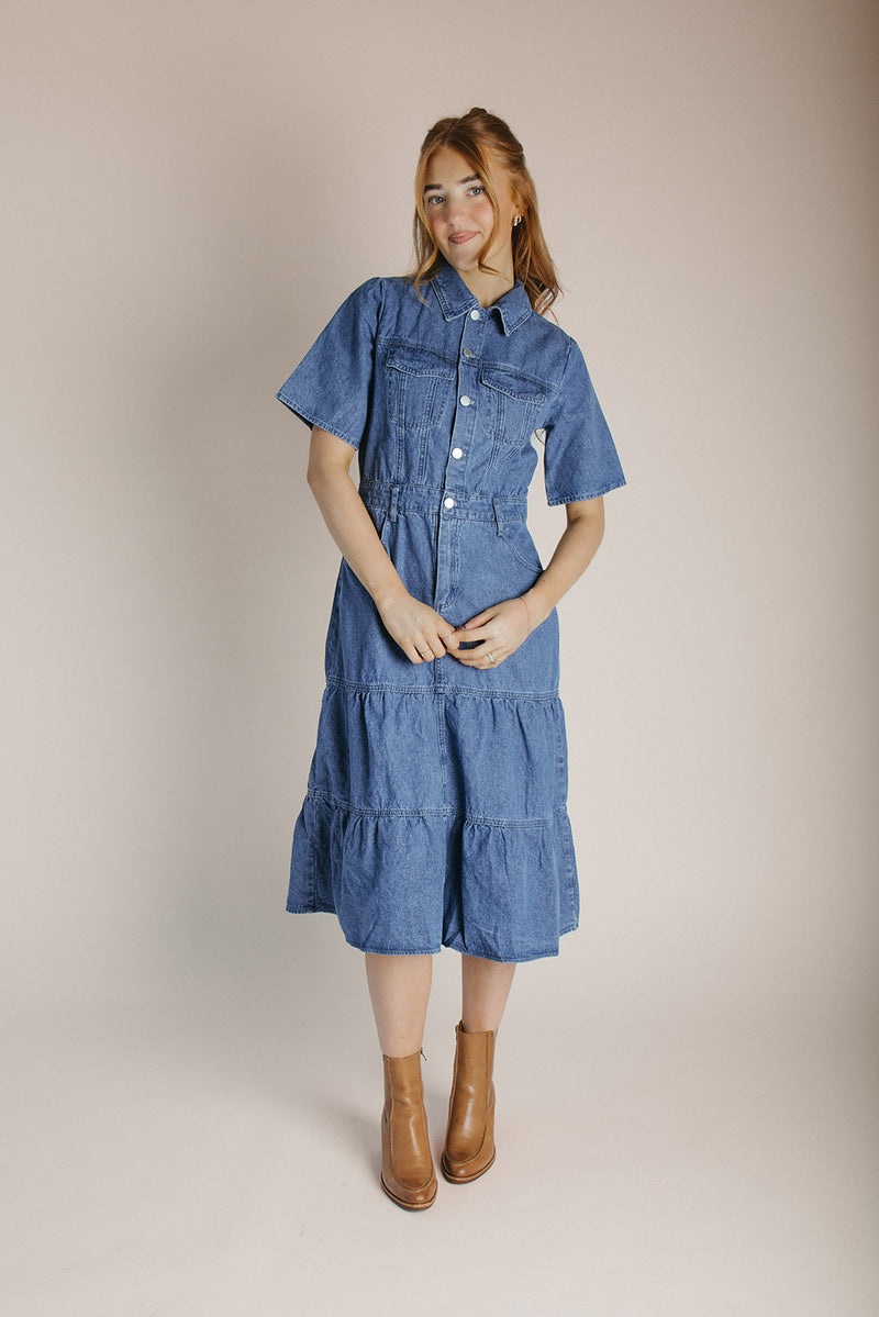 The Devoto Tiered Midi Dress in Washed Denim