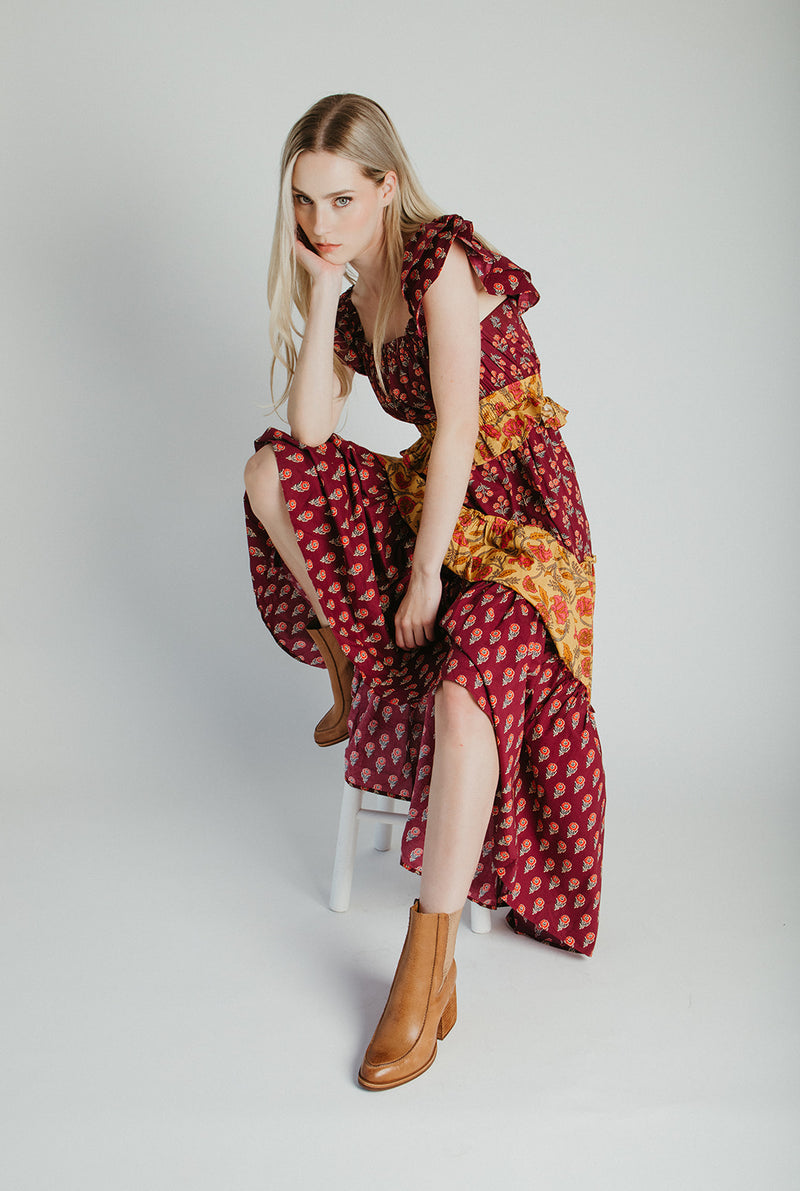The Widmer Mixed Print Maxi Dress in Burgundy + Gold