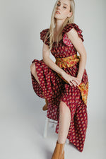 The Widmer Mixed Print Maxi Dress in Burgundy + Gold