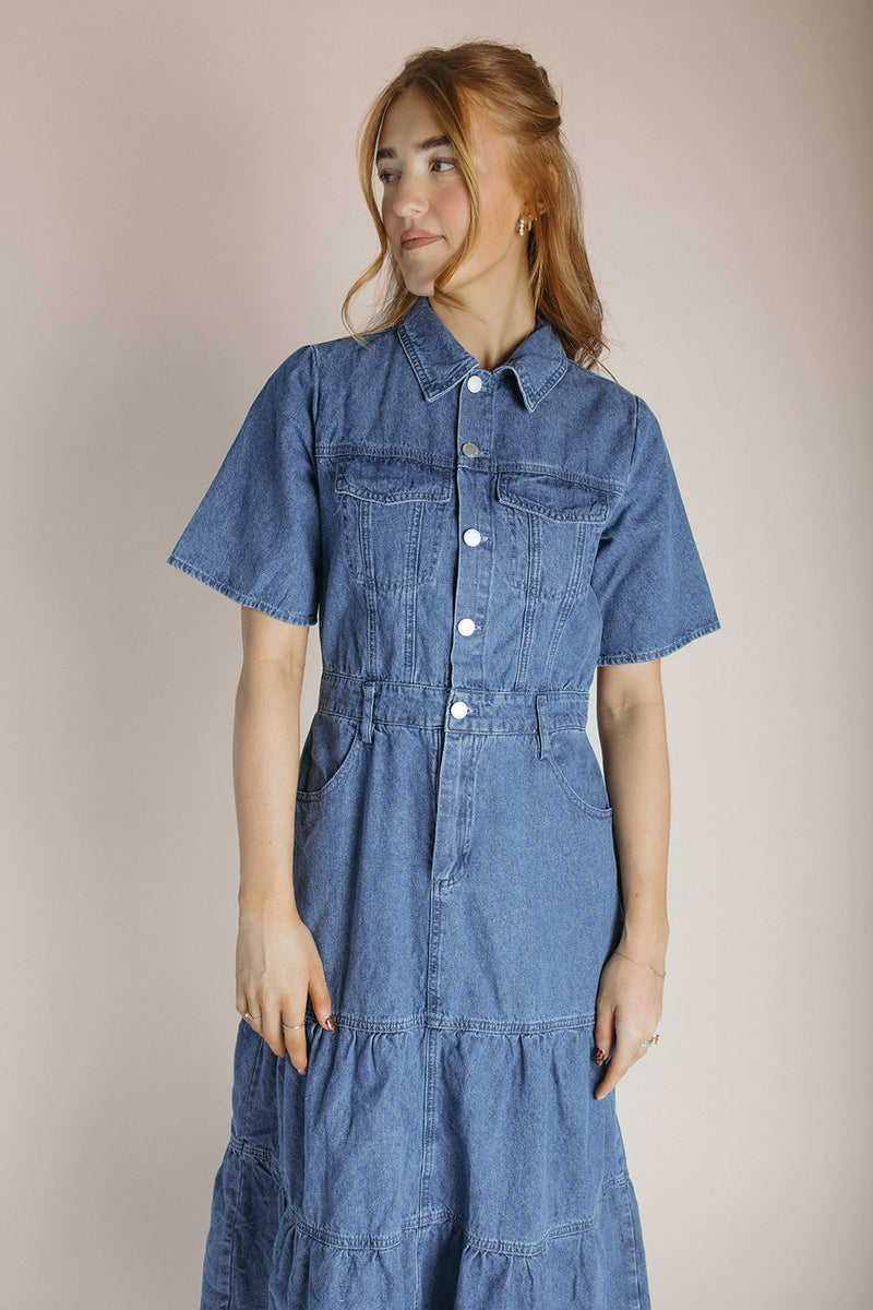 The Devoto Tiered Midi Dress in Washed Denim