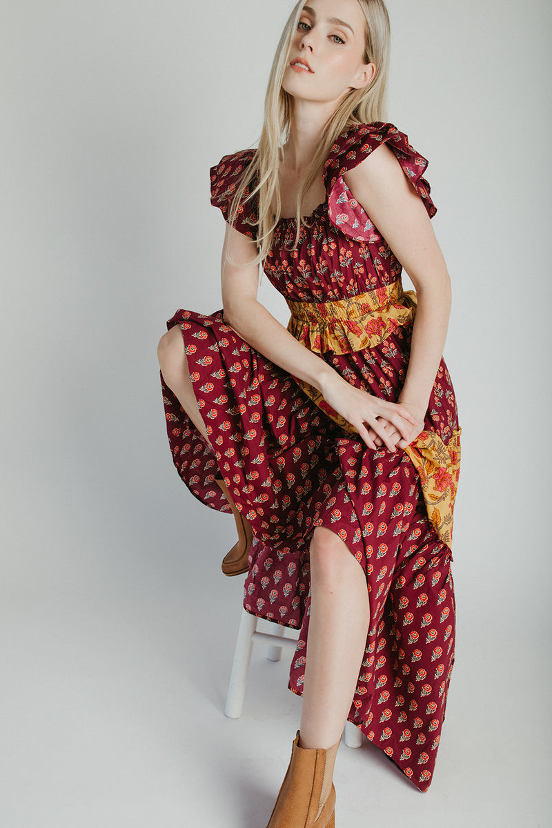 The Widmer Mixed Print Maxi Dress in Burgundy + Gold