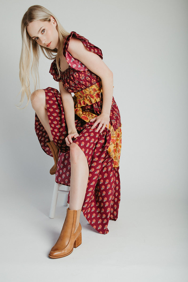The Widmer Mixed Print Maxi Dress in Burgundy + Gold
