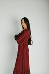 The Garvara Swiss Dot Button-Up Maxi Dress in Merlot