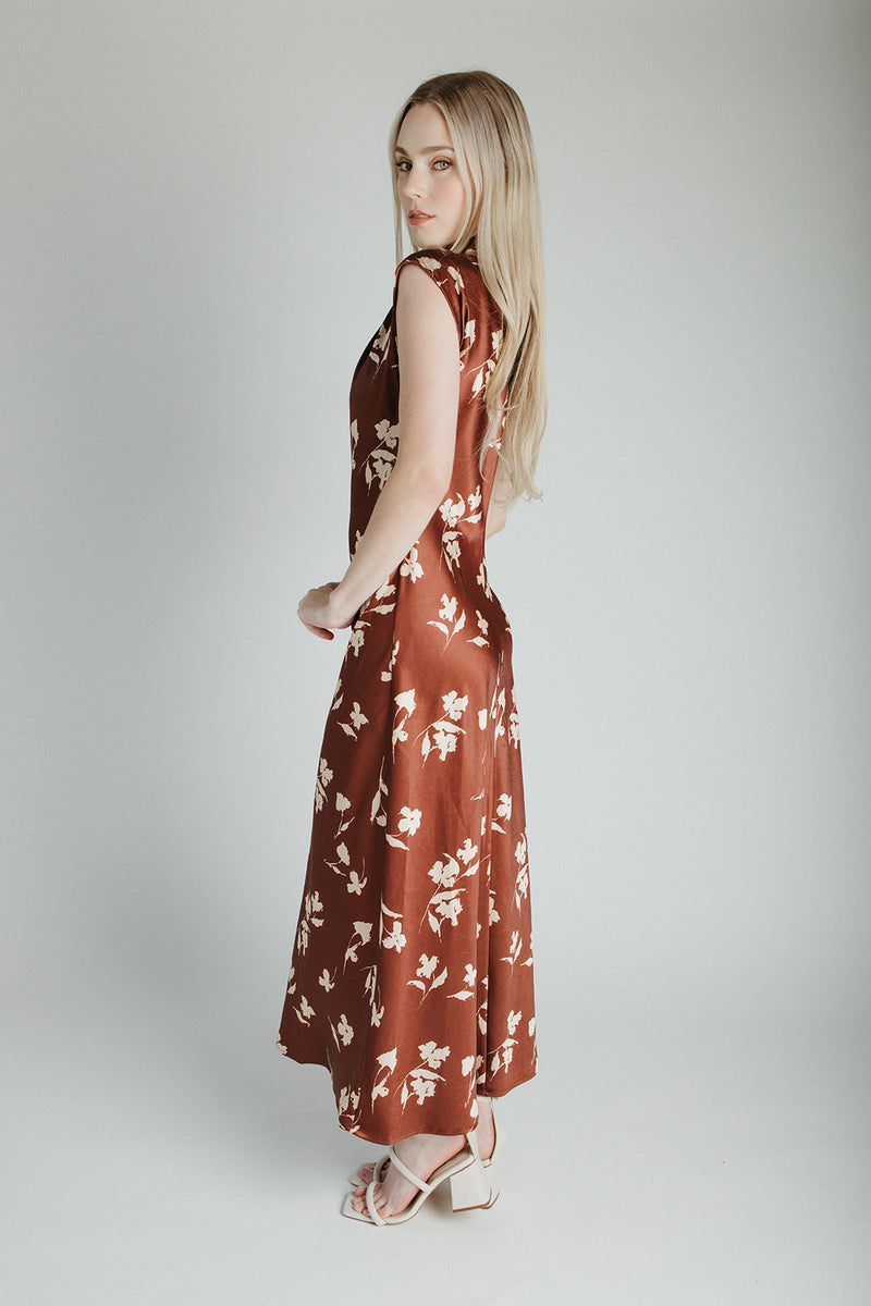 The Kendi Satin Mock Neck Maxi Dress in Brick