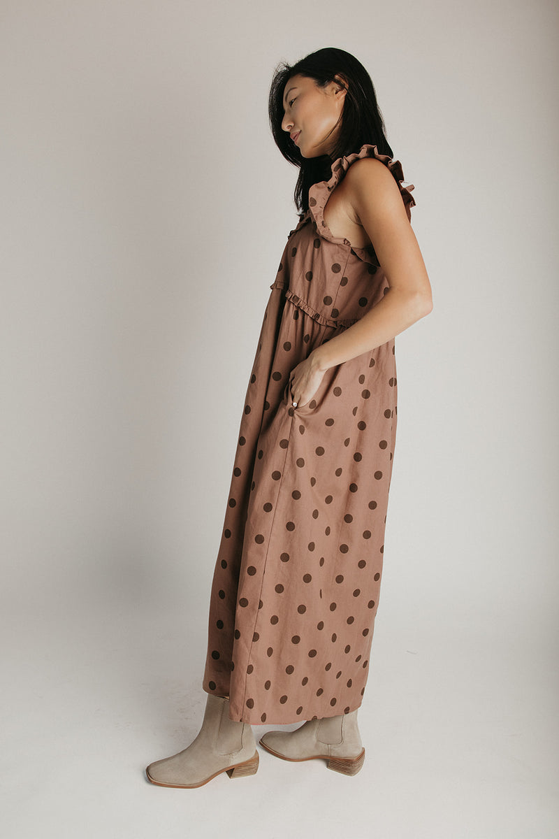 The Kimmy Ruffle Detail Midi Dress in Chocolate Dot