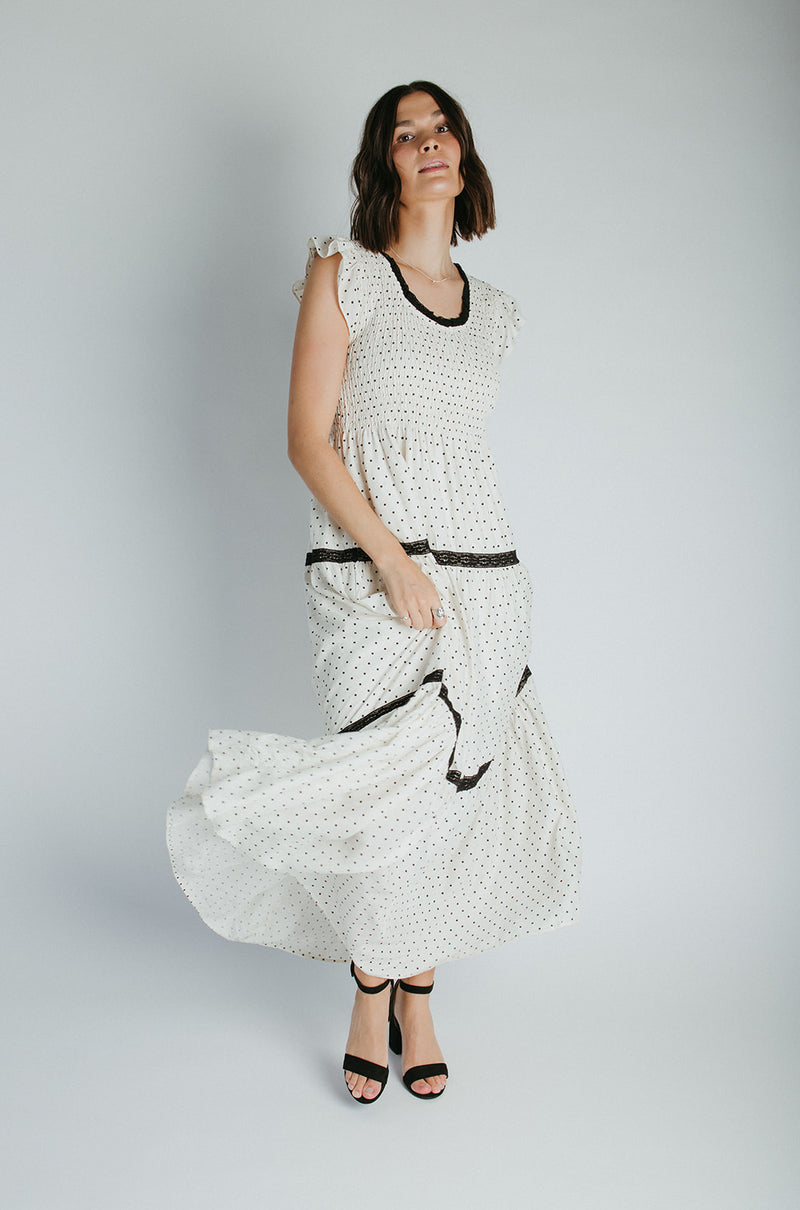 The Andrea Polka Dot Tiered Maxi Dress in Natural