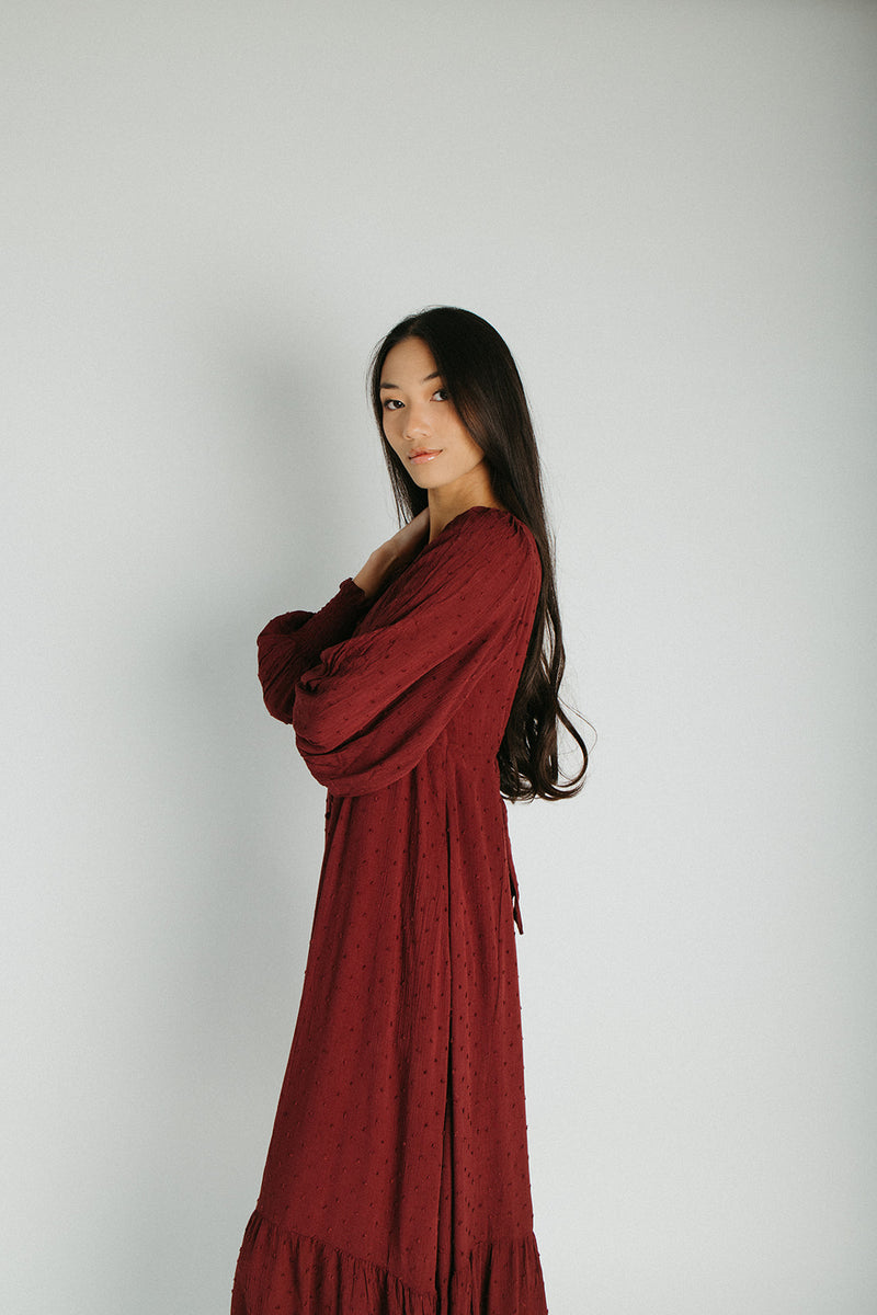 The Garvara Swiss Dot Button-Up Maxi Dress in Merlot