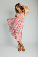 The Libby Blossom Linen Midi Dress in Pink + Orange