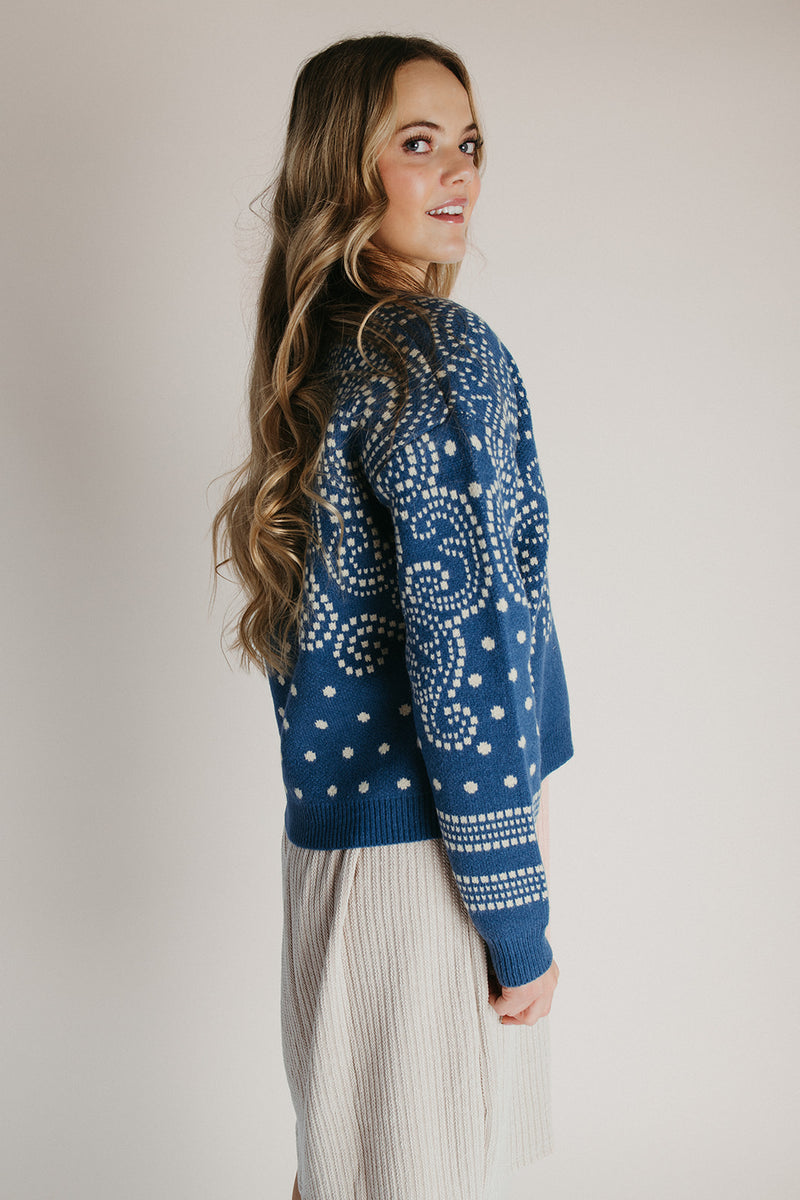 The Jepson Patterned Sweater in Teal Blue + Sand