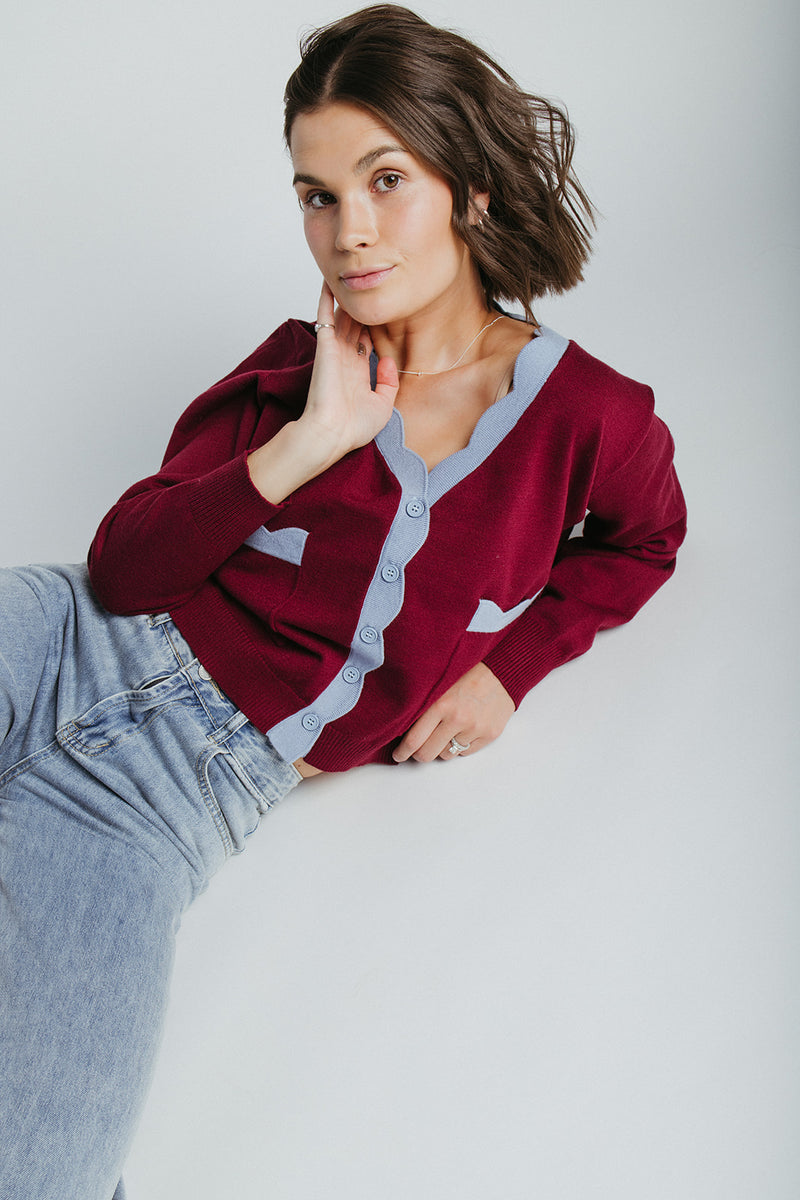 The Lucero Scallop Detail Cardigan in Burgundy