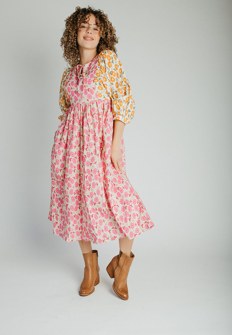 The Libby Blossom Linen Midi Dress in Pink + Orange