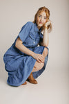 The Devoto Tiered Midi Dress in Washed Denim