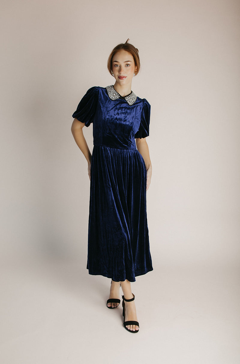 velvet midi cocktail dress The Francie Rhinestone Velvet Midi Dress in Navy – Piper & Scoot