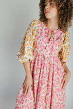 The Libby Blossom Linen Midi Dress in Pink + Orange