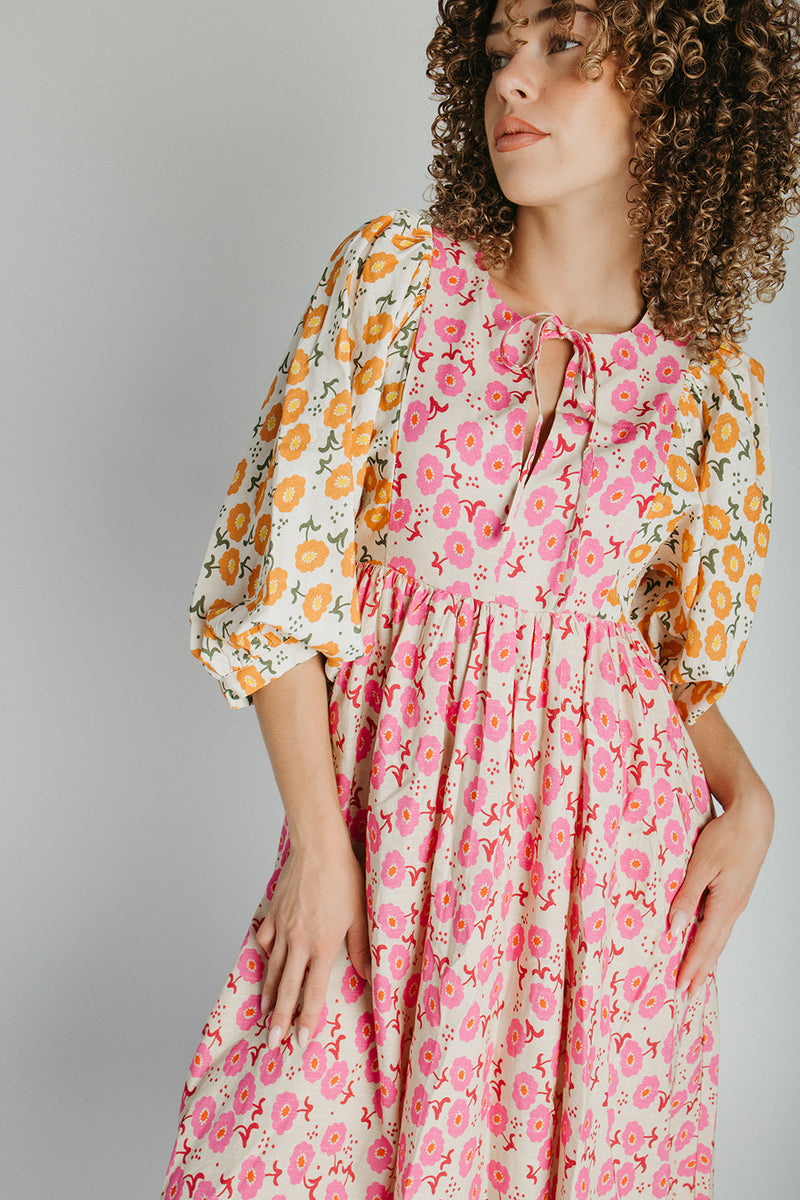 The Libby Blossom Linen Midi Dress in Pink + Orange