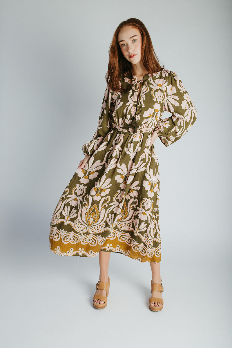 The Lia Floral Midi Dress in Olive
