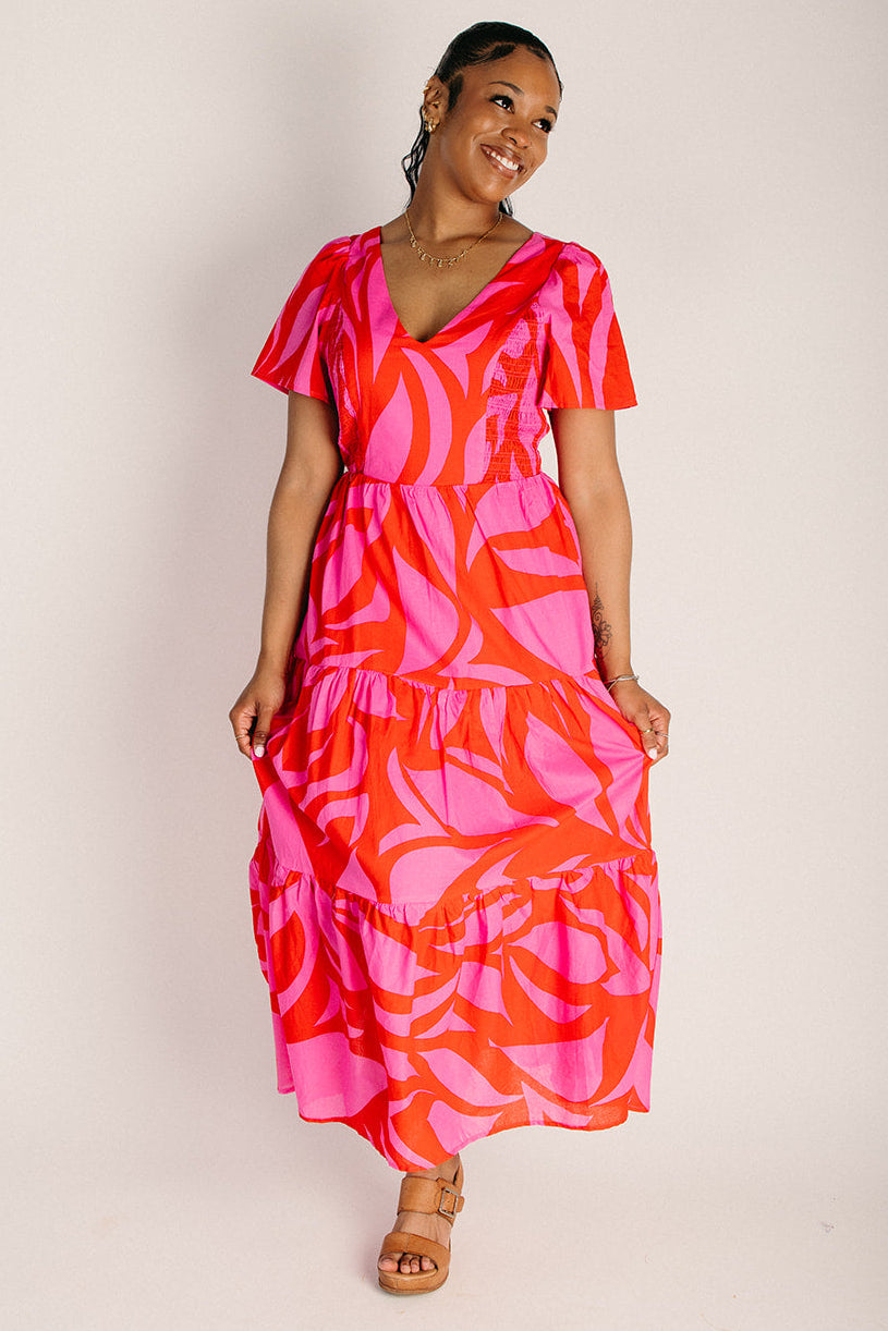 The Alexis Poplin Tiered Midi Dress in Red + Pink Multi Medium
