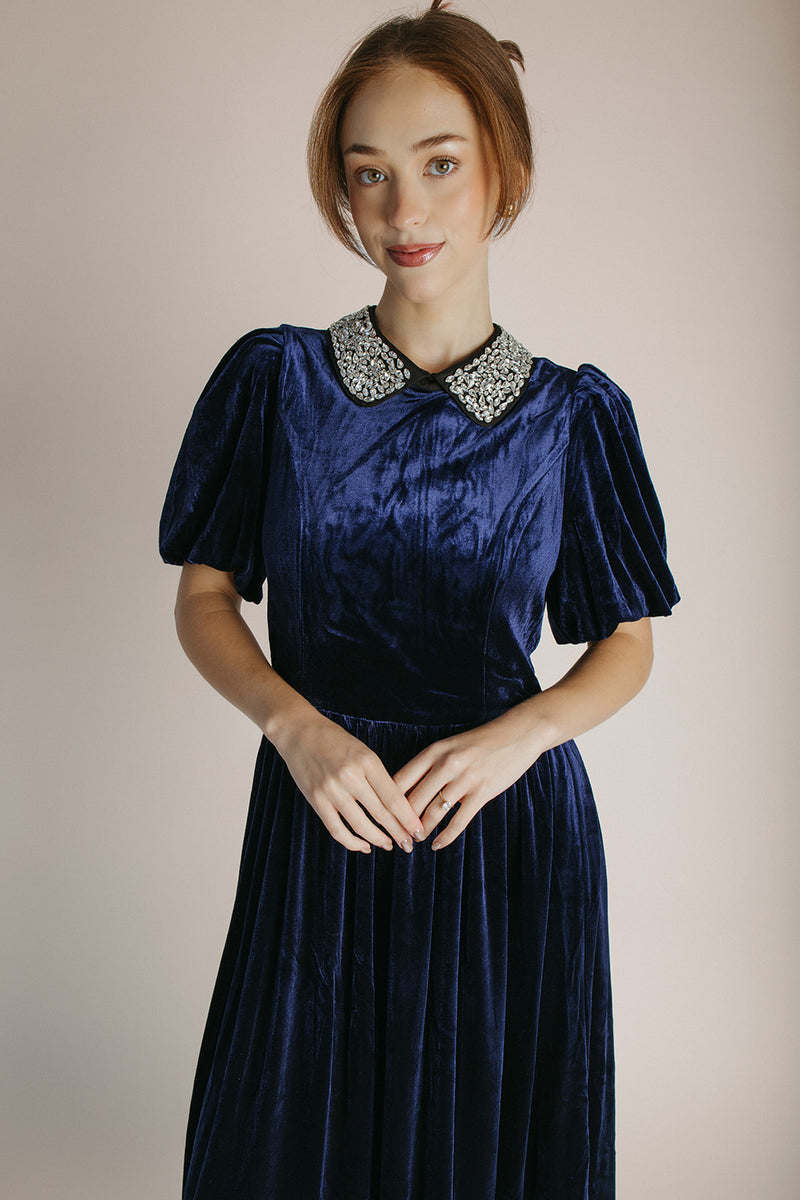 The Francie Rhinestone Velvet Midi Dress in Navy