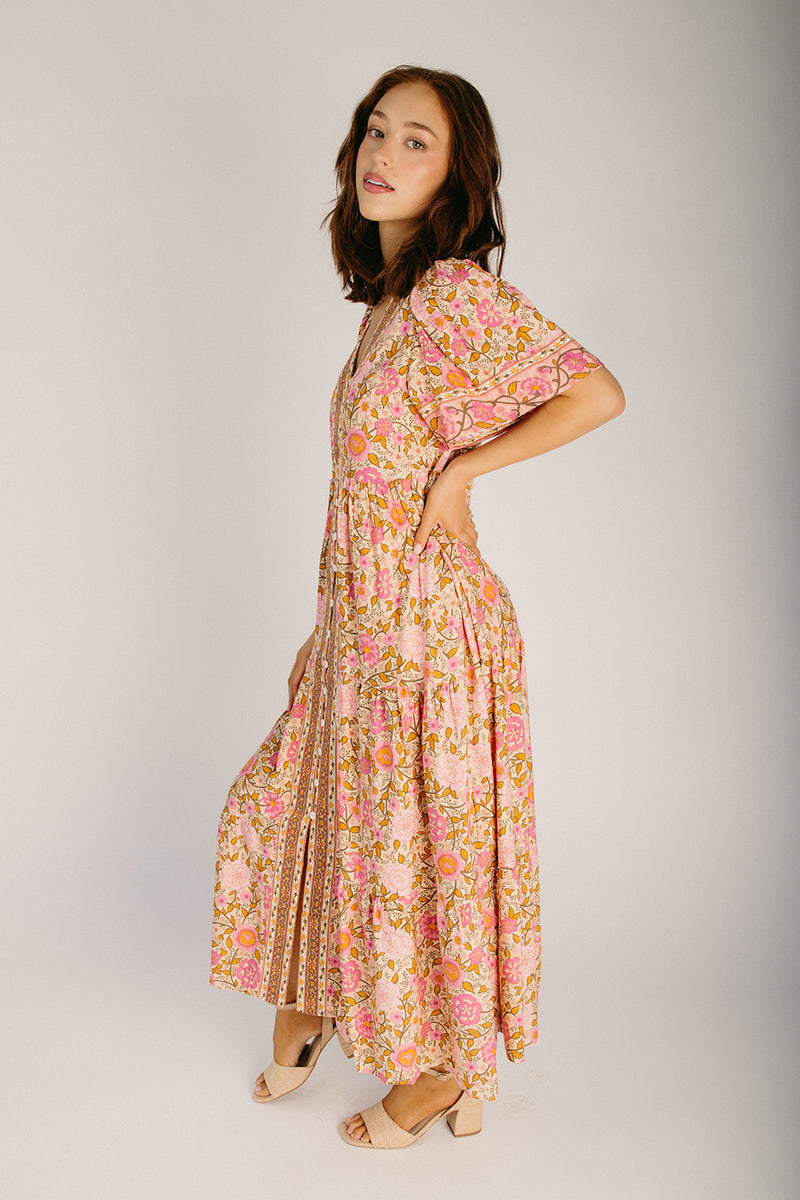 The Jay Floral Maxi Dress in Beige Mix Small