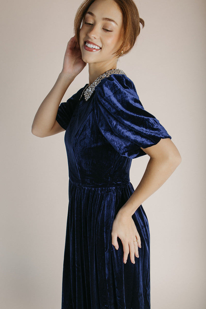 The Francie Rhinestone Velvet Midi Dress in Navy