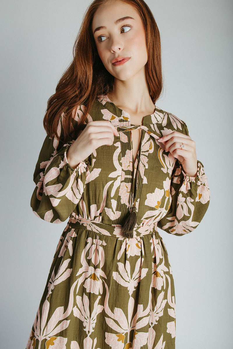 The Lia Floral Midi Dress in Olive