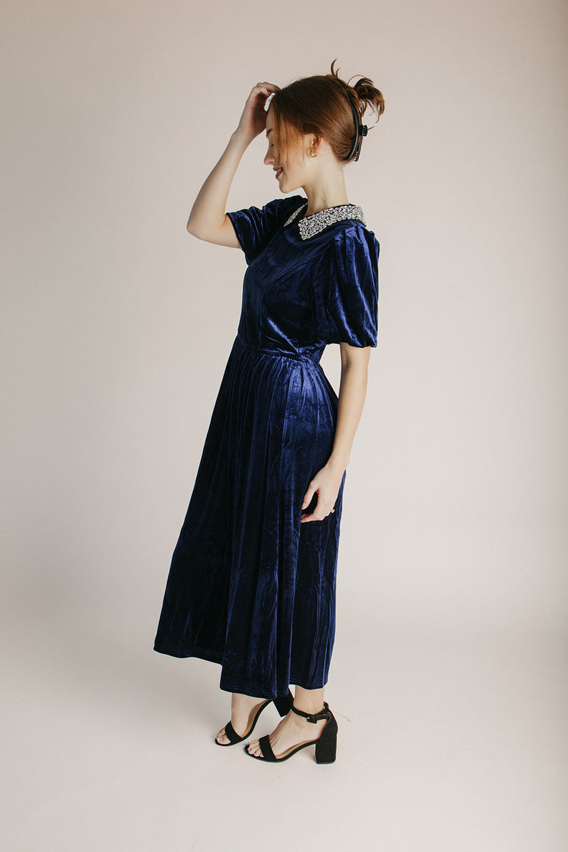 The Francie Rhinestone Velvet Midi Dress in Navy