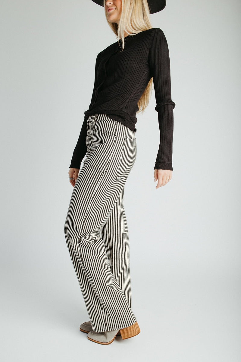 The Ellen Straight Leg Jean in Black + Tan Stripe