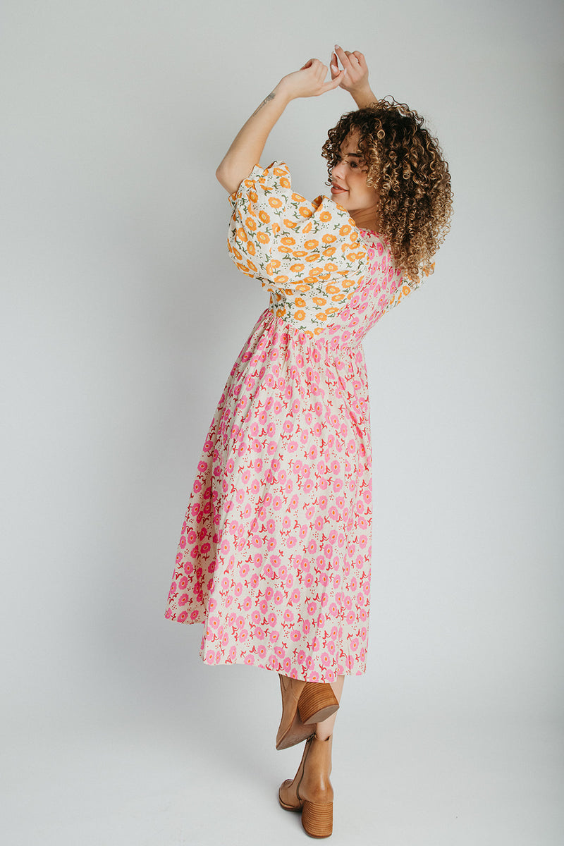 The Libby Blossom Linen Midi Dress in Pink + Orange