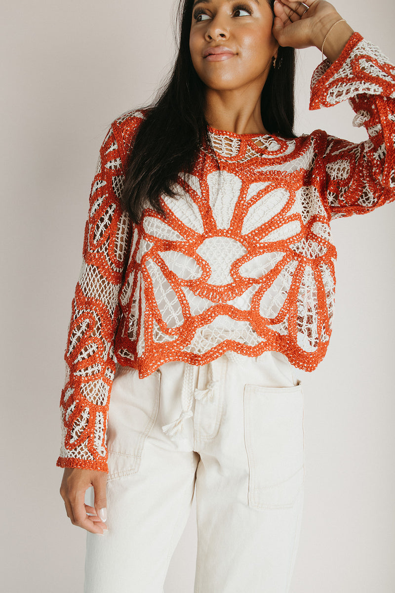 The Ryan Floral Crochet Blouse in Rust