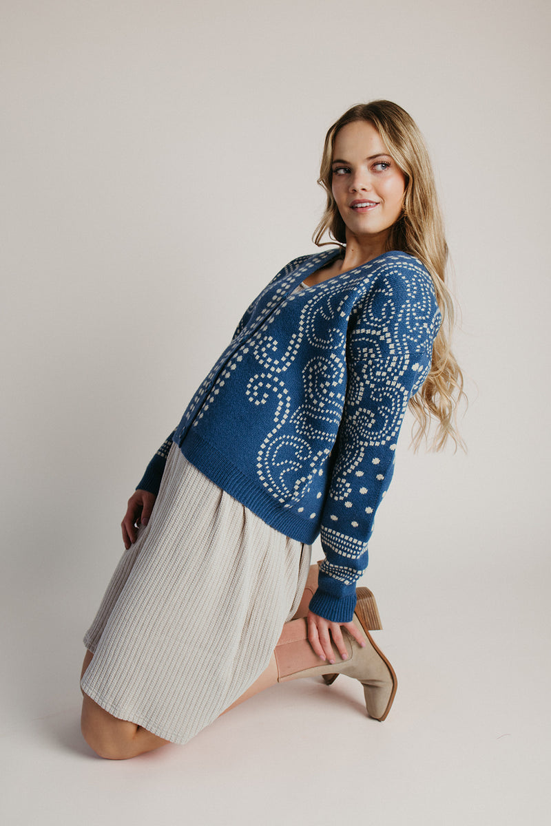 The Jepson Patterned Sweater in Teal Blue + Sand