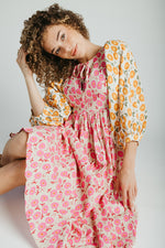 The Libby Blossom Linen Midi Dress in Pink + Orange