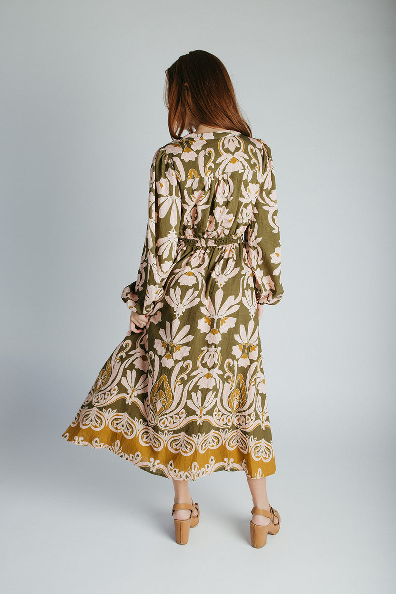 The Lia Floral Midi Dress in Olive