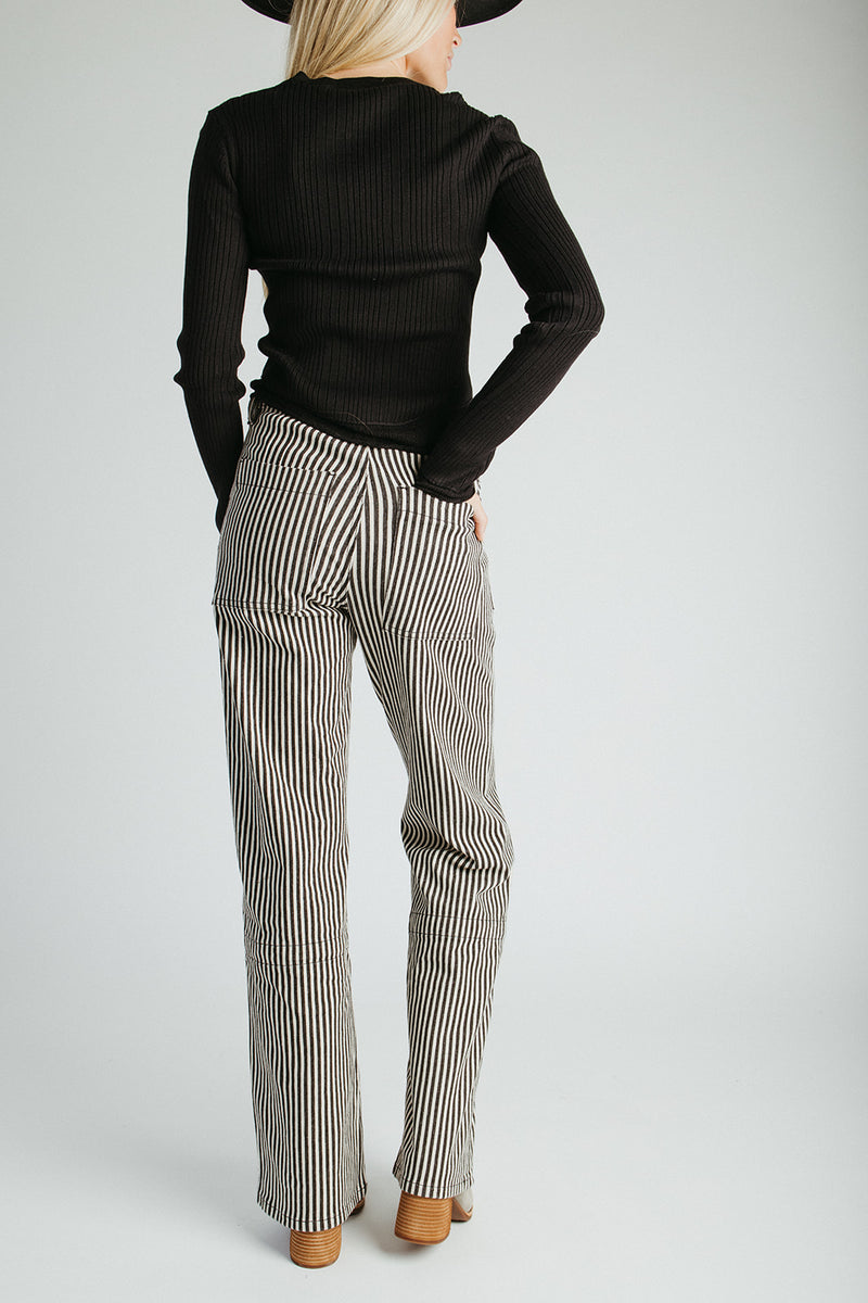 The Ellen Straight Leg Jean in Black + Tan Stripe