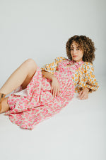 The Libby Blossom Linen Midi Dress in Pink + Orange