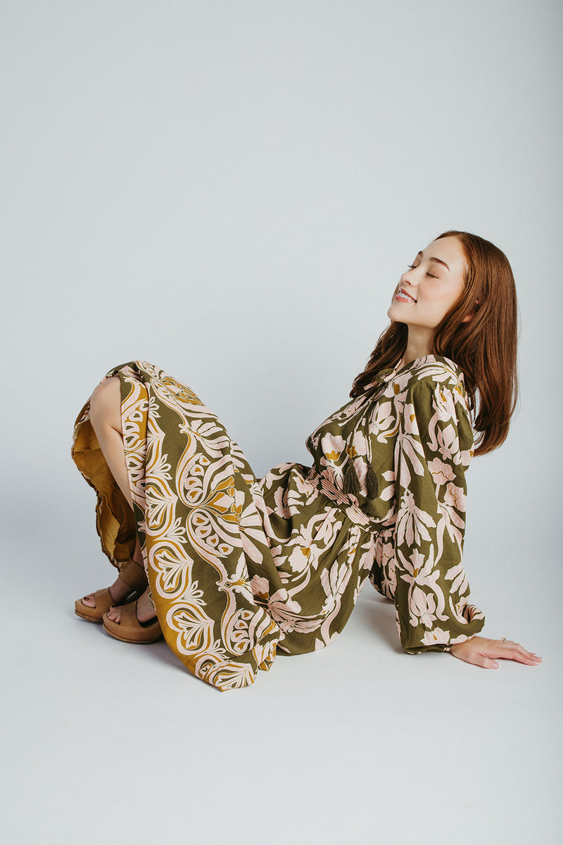The Lia Floral Midi Dress in Olive