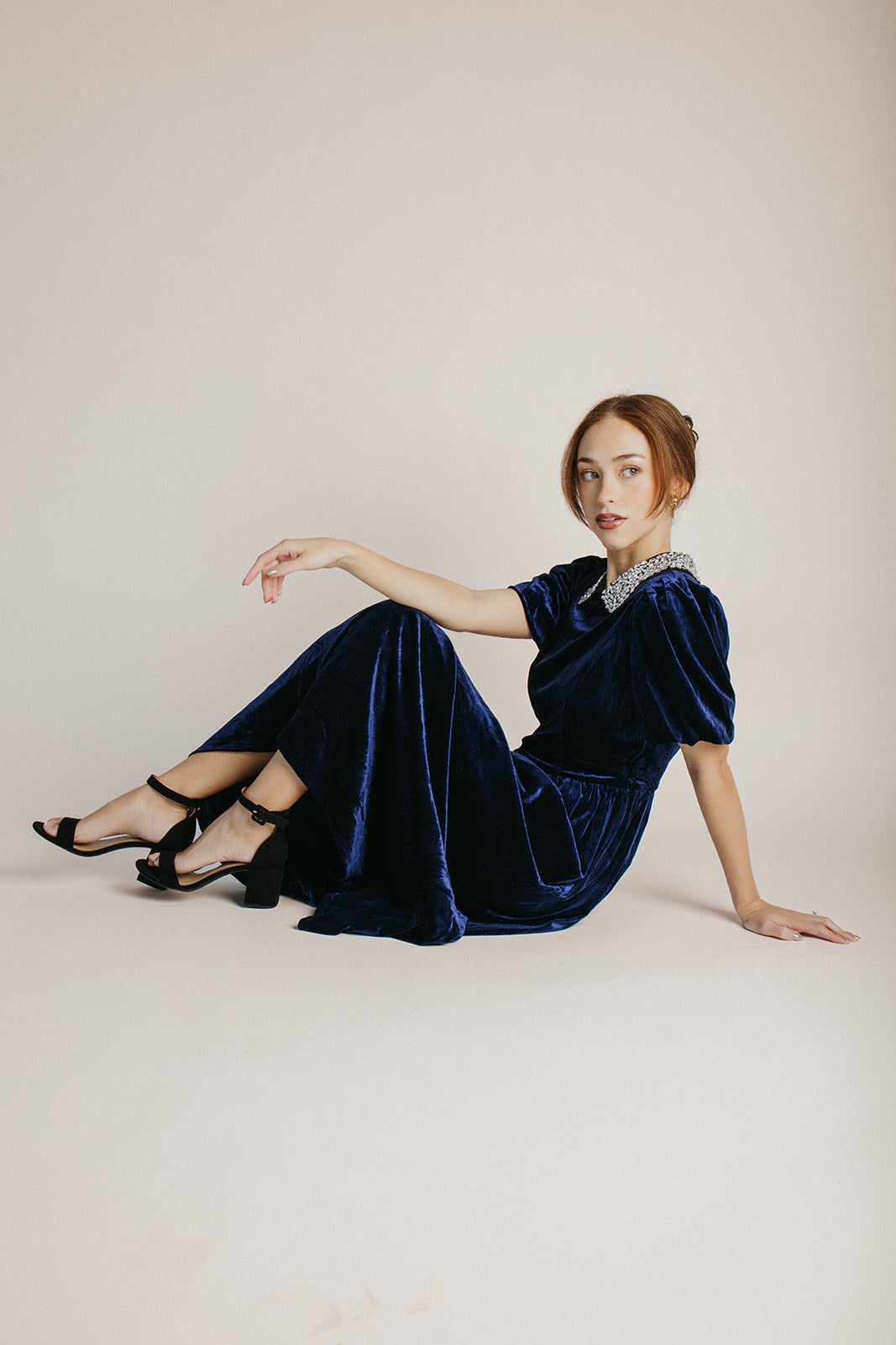 The Francie Rhinestone Velvet Midi Dress in Navy