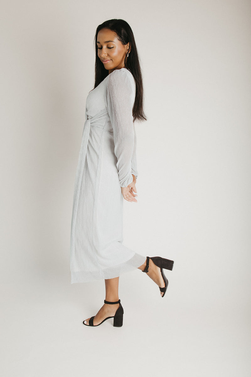 glitter wrap dress The Polzin Glitter Wrap Midi Dress in Pearl Small