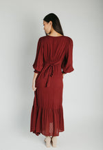 The Garvara Swiss Dot Button-Up Maxi Dress in Merlot