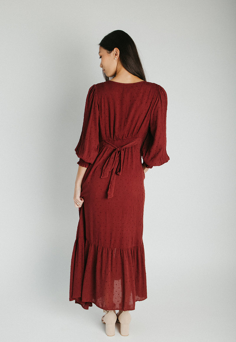 The Garvara Swiss Dot Button-Up Maxi Dress in Merlot