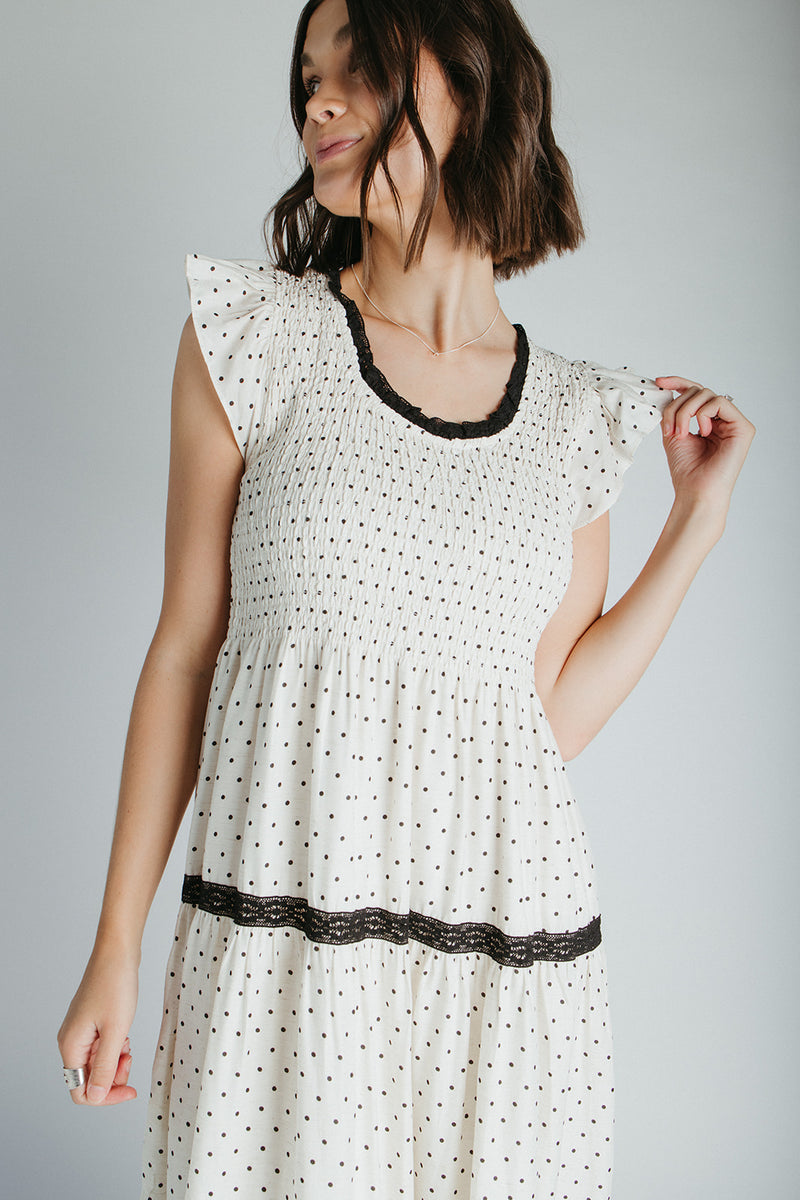 The Andrea Polka Dot Tiered Maxi Dress in Natural