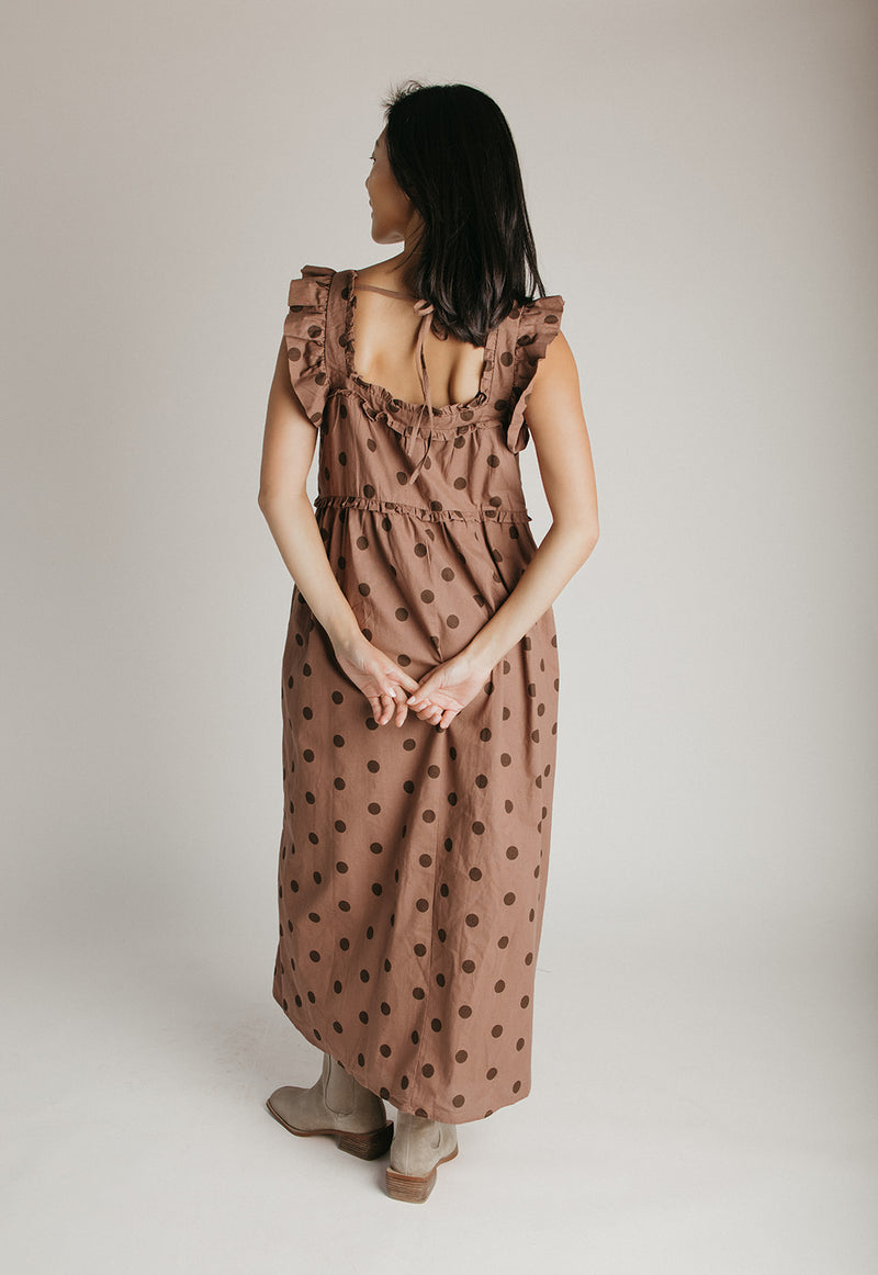 The Kimmy Ruffle Detail Midi Dress in Chocolate Dot