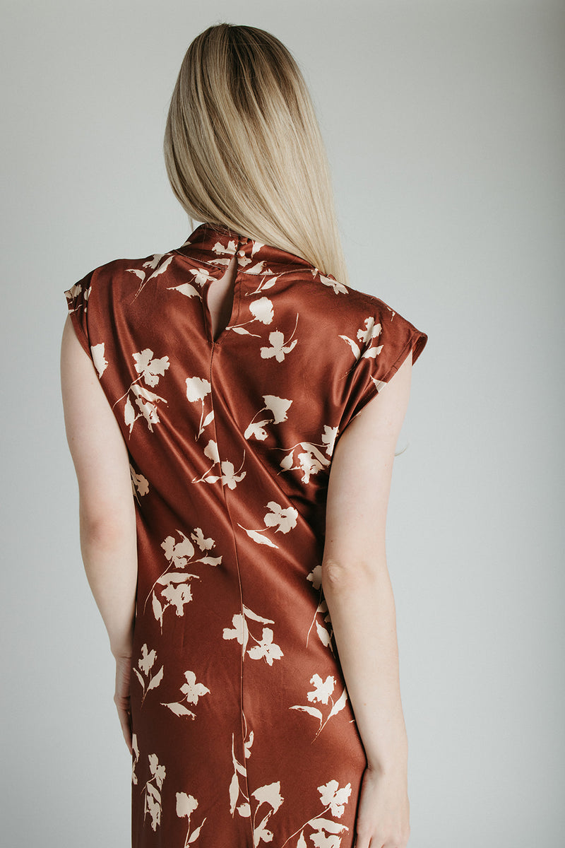 The Kendi Satin Mock Neck Maxi Dress in Brick