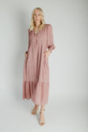 The Garvara Swiss Dot Button-Up Maxi Dress in Rose