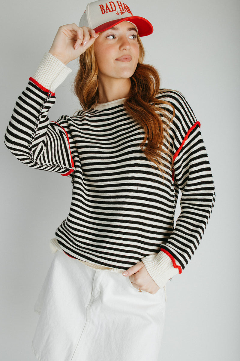 The Maude Striped Sweater in Black + Cream