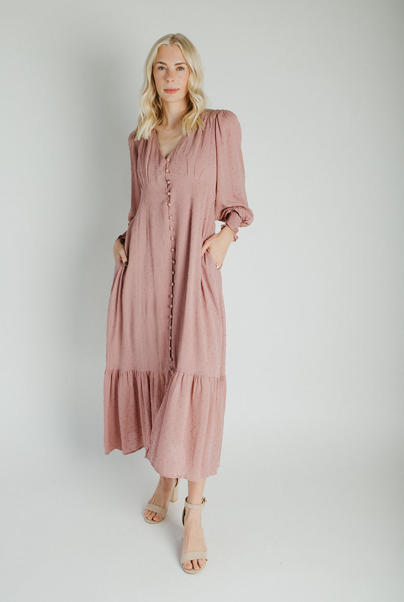 The Garvara Swiss Dot Button-Up Maxi Dress in Rose