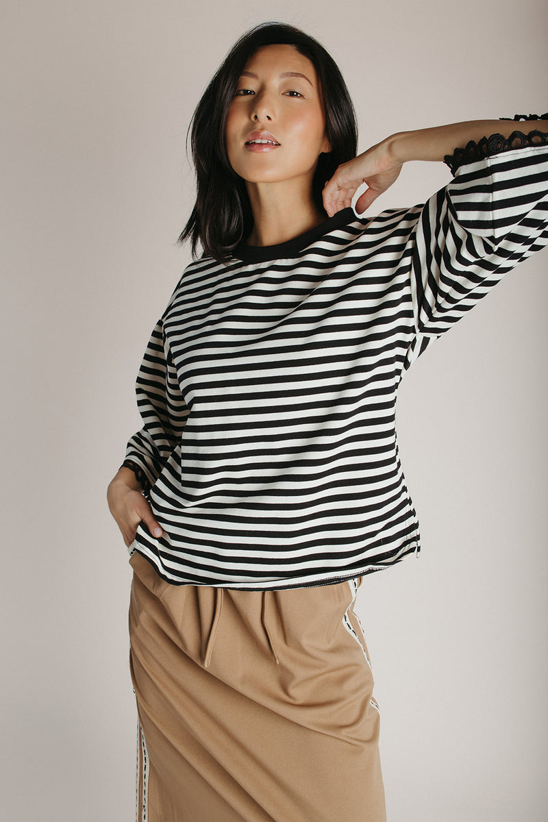 The Betsy Lace Trim Blouse in Black Stripe