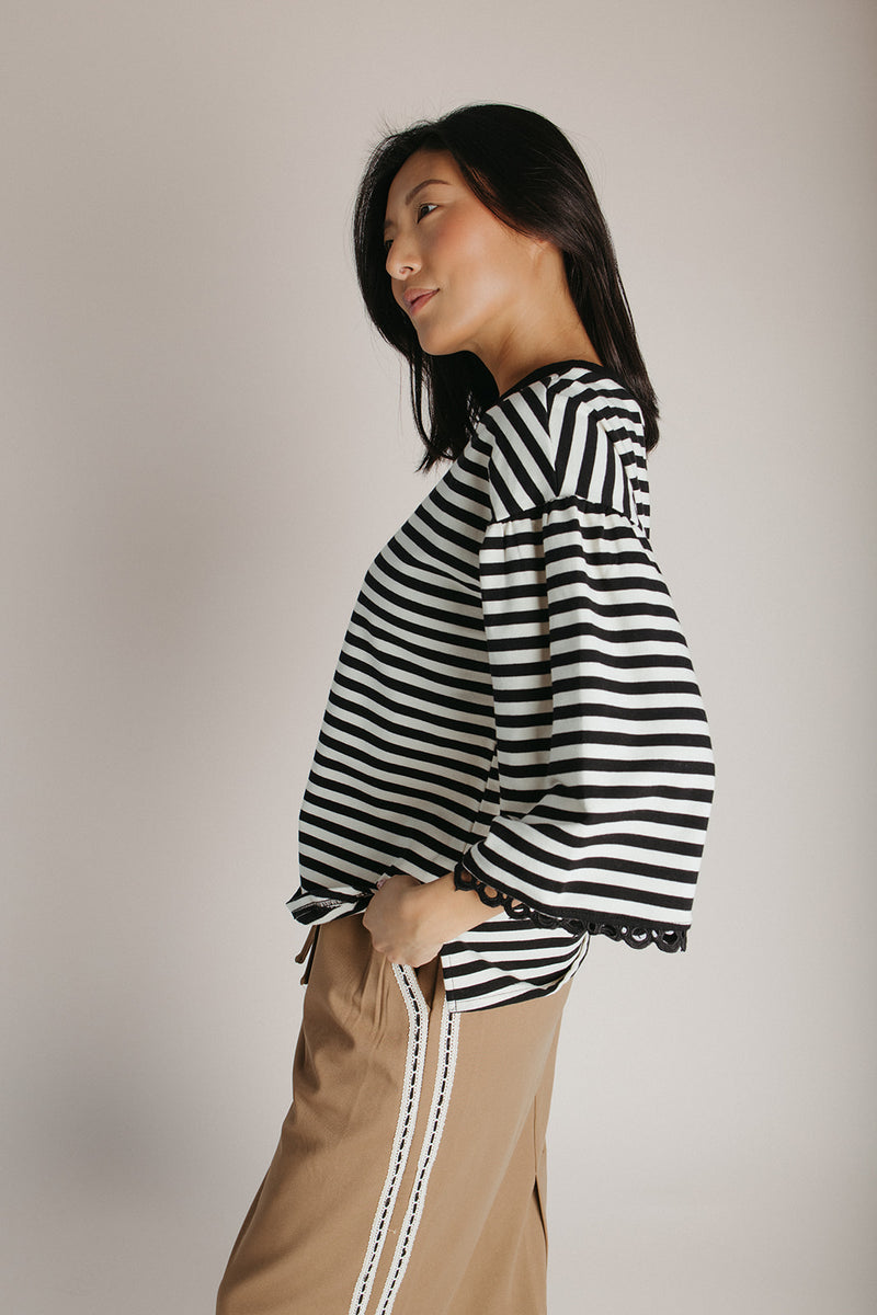The Betsy Lace Trim Blouse in Black Stripe