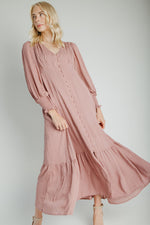 The Garvara Swiss Dot Button-Up Maxi Dress in Rose